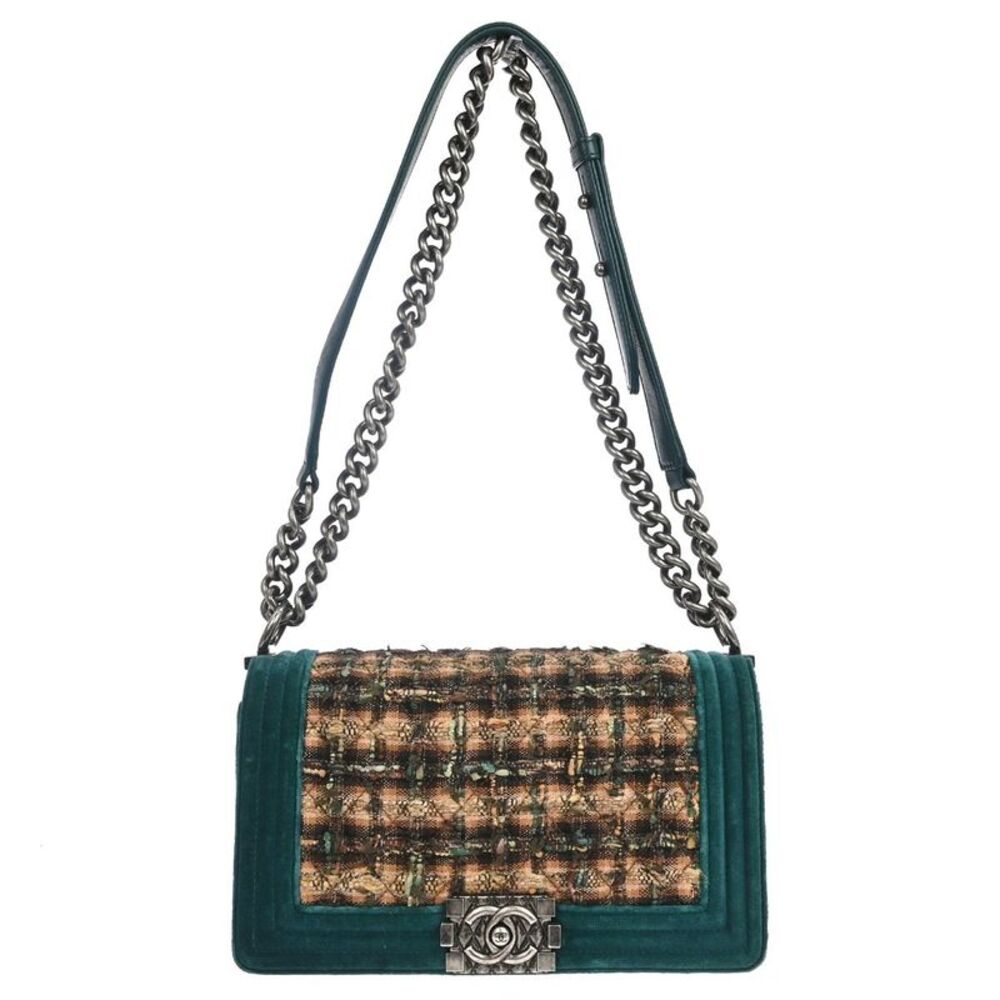 Chanel Boy Flap Quilted Tweed With Velvet Green Velvet Shoulder Bag Bag